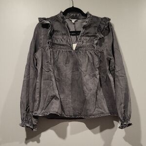 Ruffled Smocked Yoke Long-Sleeve Blouse - Gray